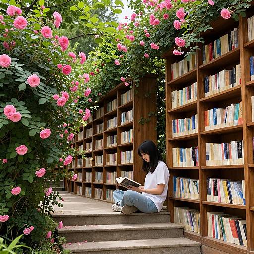 Photograph of a woman with black hair, white shirt, and blue jeans, sitting on library steps, reading a book, surrounded by pink roses and