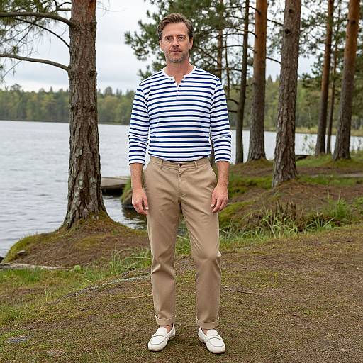 Photograph of a middle-aged man with short brown hair, wearing a striped shirt, beige pants, and white shoes, standing on a grassy lakes