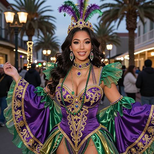 Photograph of an attractive, dark-haired woman in a vibrant Mardi Gras costume with purple, green, and gold, adorned with feathers and jewelry