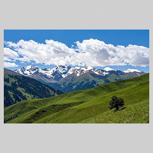Photograph of a lush green mountain landscape with a single tree in the foreground, snow-capped peaks in the background, and a vibrant blue sky with