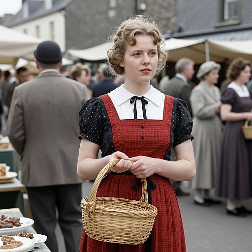 Photograph of a 1920s-style woman with curly blonde hair, black polka-dot blouse, red checkered dress, holding a wicker