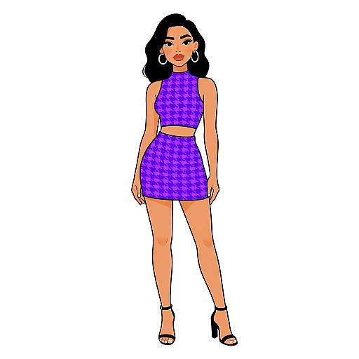 Digital illustration of a curvy woman with dark hair, wearing a purple crop top and matching mini skirt, black high heels, and hoop earrings, standing