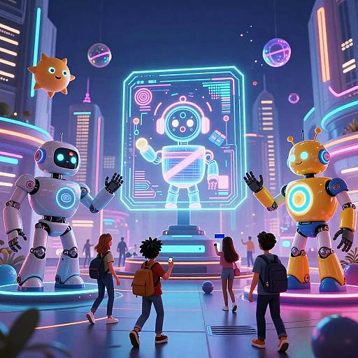 Futuristic City with Robots and Holograms