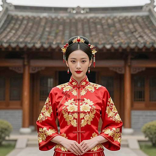 Asian Woman in Traditional Chinese Wedding Dress