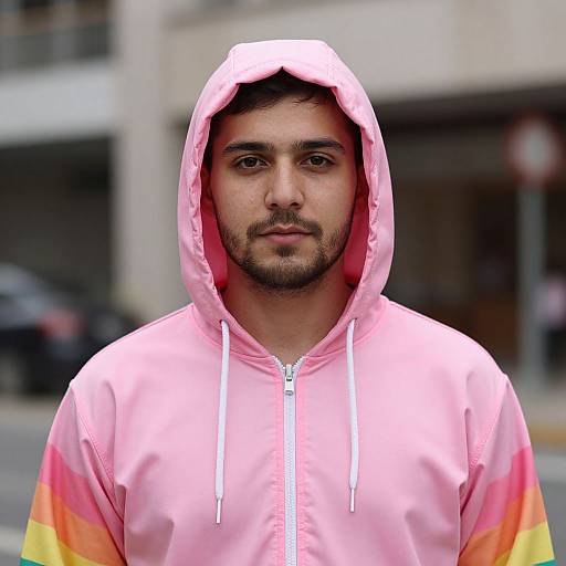 Photograph of a young man with dark hair and beard, wearing a pink hoodie with yellow-orange stripes, hood up, standing on a city street.