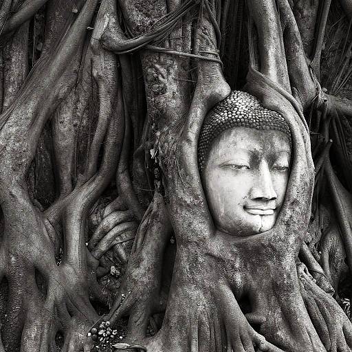 Serene Buddha Face with Tree Roots