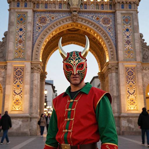 Intricate Masked Figure by Ornate Archway