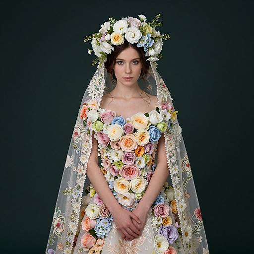Photograph of a fair-skinned woman with dark hair, wearing a floral-covered bridal gown and veil, set against a black background.