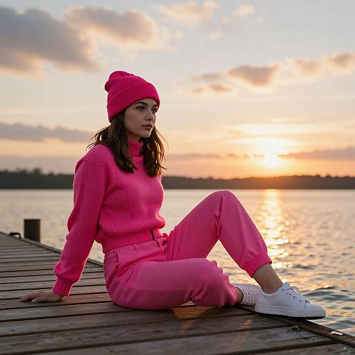Photograph of a young woman in a pink beanie, sweater, and pants, sitting on a wooden dock at sunset, wearing white sneakers, with