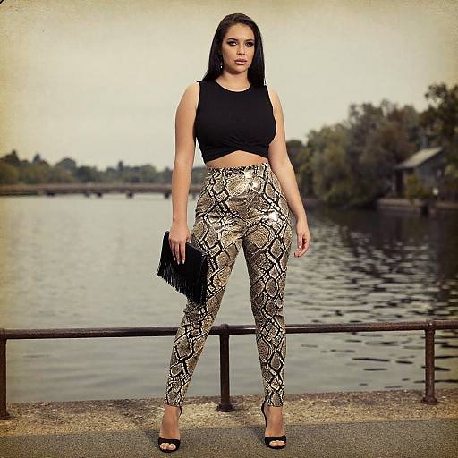 Photograph of a confident woman with long black hair, wearing a black crop top and snake-print leggings, standing by a waterfront with trees in the background