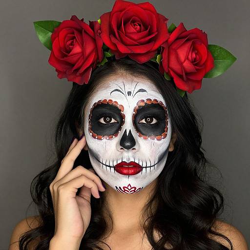 Photograph of a woman with black hair, white sugar skull face paint, red roses in hair, and dark hollow eyes, touching her cheek. Gray