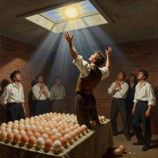 Photograph-style painting of a man blessing a large basket of eggs under sunlight, surrounded by awestruck children in a brick-walled room.