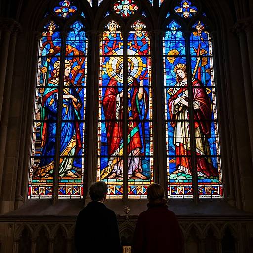 Photograph of vibrant, multi-colored stained glass window depicting biblical figures in robes, with two silhouetted people standing in front.