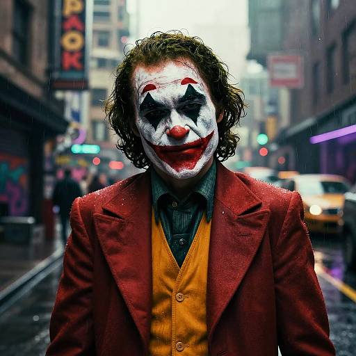 Photograph of Joker in a red suit, white face paint, black circles, red lips, standing on a rainy city street at night. Urban buildings