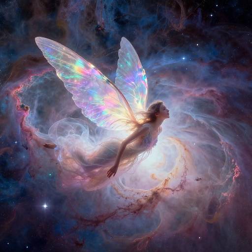 Digital art of a glowing, ethereal fairy with iridescent wings, floating in a swirling, colorful nebula with stars in the dark background.