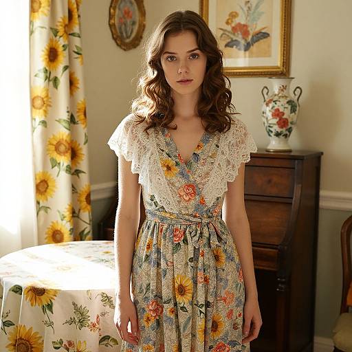 Vintage Floral Dress in Sunlit Room