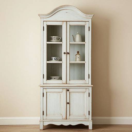 Photograph of a vintage white wooden china cabinet with glass doors and shelves, holding blue and white patterned dishes and a white teapot, set against