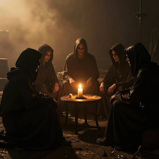 Five Hooded Figures Around Candlelight