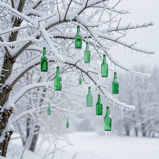 Photograph of green glass bottles hanging on snow-covered tree branches with icicles, set in a wintry, snow-blanketed landscape.