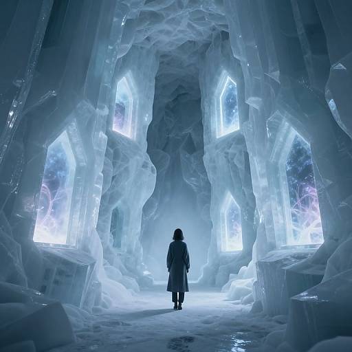 Photograph-style digital artwork: Silhouetted figure in long coat stands within glowing, crystalline ice cave, surrounded by towering, translucent ice structures
