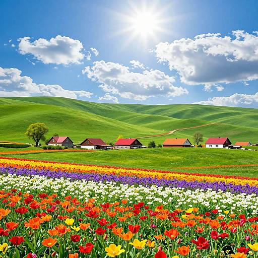Vibrant photograph of a sunlit countryside: colorful wildflower field, green rolling hills, scattered red-roofed houses, and a bright blue