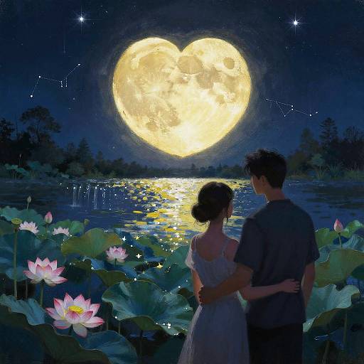 Digital illustration of a couple standing by a moonlit lake, surrounded by lotus flowers, gazing at a heart-shaped full moon, with a star