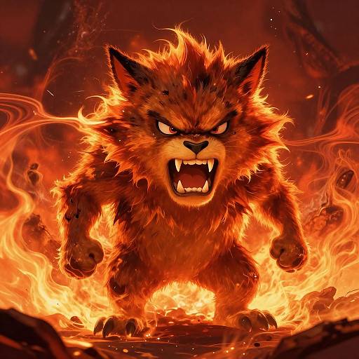 Digital artwork of a fierce, orange-furred, fire-encircled Arcanine with glowing eyes, bared teeth, and raised claws, roaring