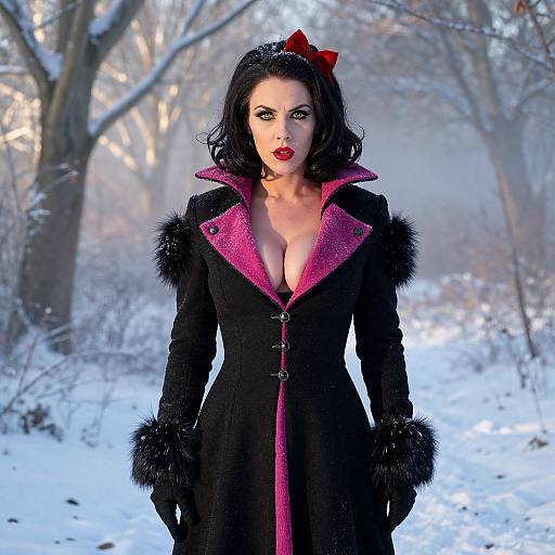 Photograph of a pale-skinned woman with black hair, red lipstick, and a red bow, wearing a black coat with pink and fur accents,