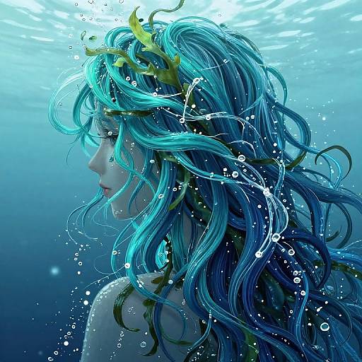 Digital art of a mermaid with flowing blue-green hair, yellow seaweed crown, underwater, bubbles around her, serene expression, glowing light above.