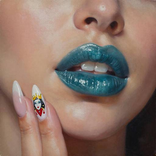 Close-up photograph of a woman's face with glossy blue lips, white nails featuring a colorful comic-style design, and light skin.