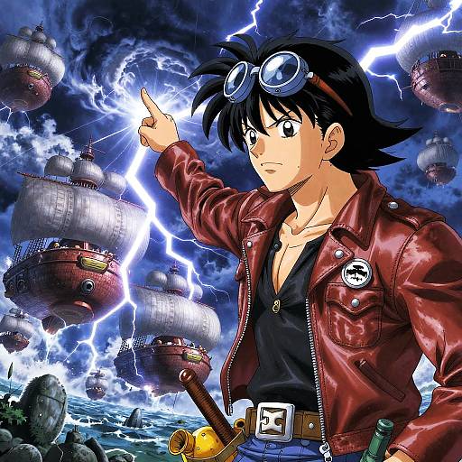 Anime-style digital drawing of a black-haired boy in a red leather jacket, pointing at lightning, with floating warships in a stormy sea background.