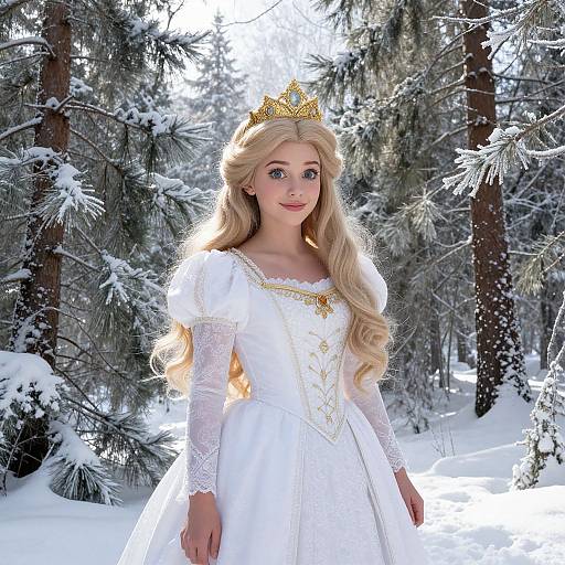 Photograph of a blonde princess with long curls, wearing a white lace dress, golden crown, standing in a snowy forest.