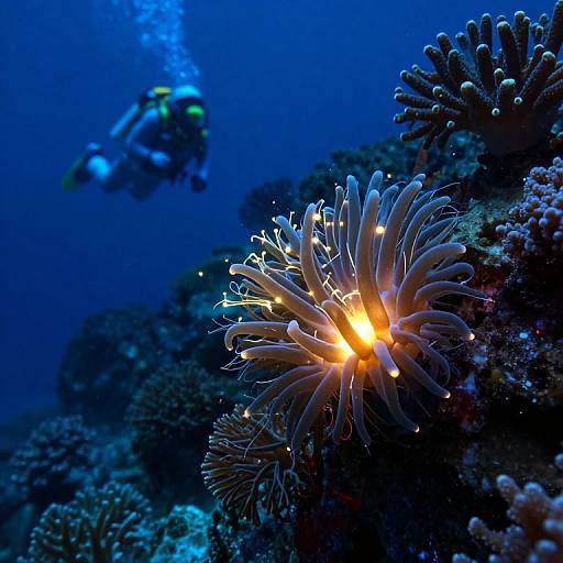Photograph of a vibrant, glowing sea anemone with white tentacles and an orange center, illuminated underwater, with a blurred scuba diver in