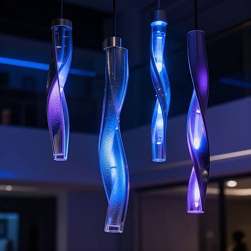 Photograph of four blue and purple twisted glass pendant lights with glowing interiors, hanging in a dimly lit modern interior.
