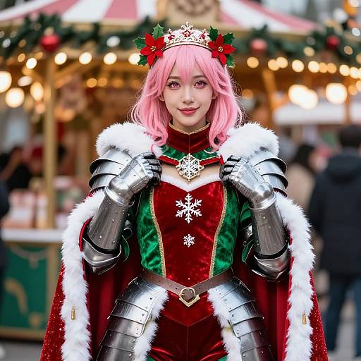 Photograph of a young woman with pink hair, dressed in Christmas-themed medieval armor, red velvet bodice, white fur trim, and a snowflake