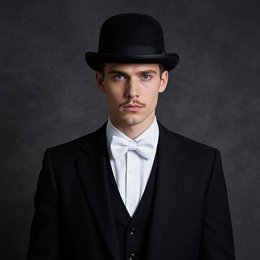Photograph of a young Caucasian man with fair skin, blue eyes, and a mustache, wearing a black bowler hat, white shirt, and