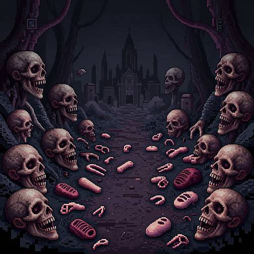Pixel art of a dark, eerie forest path lined with skulls and scattered bones, leading to a haunted, gothic castle.