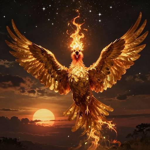 Digital illustration of a fiery phoenix with outstretched wings, blazing at sunset, surrounded by stars in a dark sky.