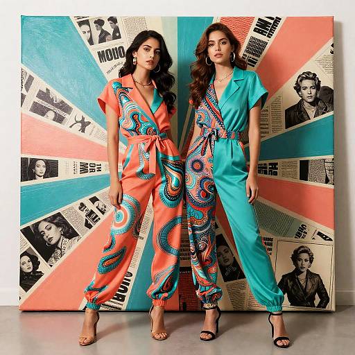 Photograph of two women in vibrant, patterned jumpsuits (one orange with blue swirls, one turquoise with red and blue designs) standing against