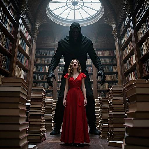 Photograph of a library with a shadowy figure behind a woman in a red dress, surrounded by stacked books under a large circular window. Dark,