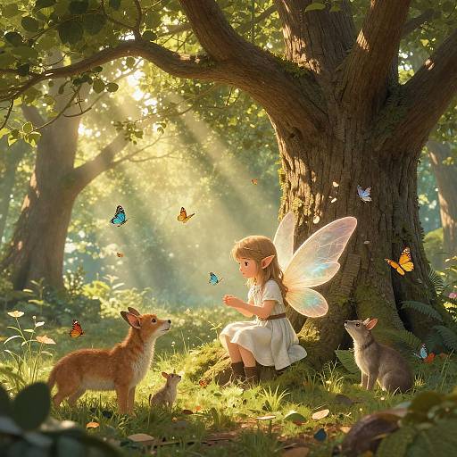 Fantasy illustration of a fairy girl with translucent wings, white dress, sitting under a sunlit tree, surrounded by fox cubs, butterflies, and