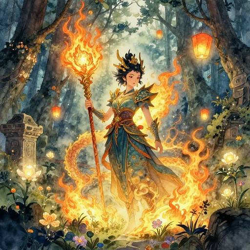 Fantasy illustration of a fiery-haired, green-dressed warrior woman holding a flaming staff, surrounded by glowing lanterns and enchanted forest.