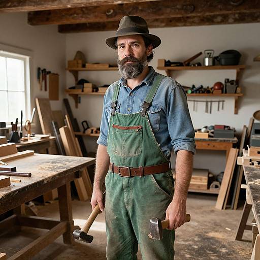 Photograph of a bearded, middle-aged man in green overalls and denim shirt, wearing a gray hat, holding a hammer and chisel in