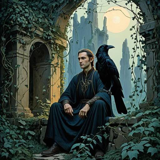 Elven Healer with Raven in Ancient Ruins Elven Healer with Raven in Ancient Ruins