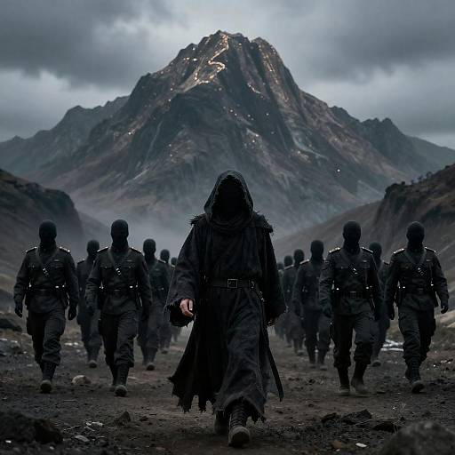 Mysterious Figure Leading Masked Soldiers