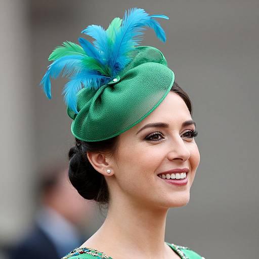 Photograph of a smiling woman with light brown skin, black hair in a bun, wearing a green fascinator with blue feathers, and a sparkly