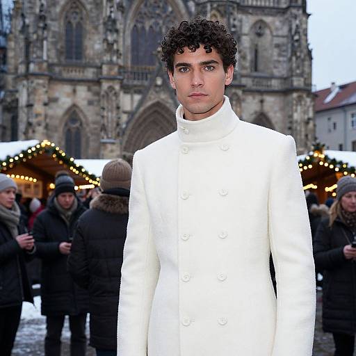 Photograph of a curly-haired man in a white double-breasted coat standing in front of a snow-covered Christmas market with a Gothic cathedral in the background