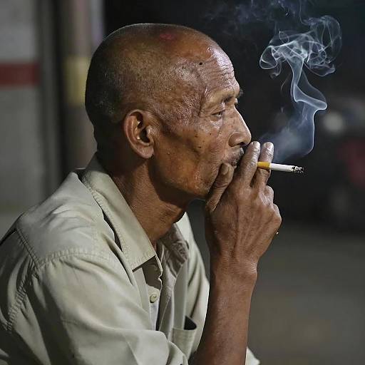 Bald Man Smoking in Dim Lighting