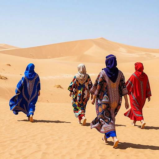 Photograph of five women in colorful, patterned dresses and headscarves walking away across a bright, sandy desert under a clear blue sky.