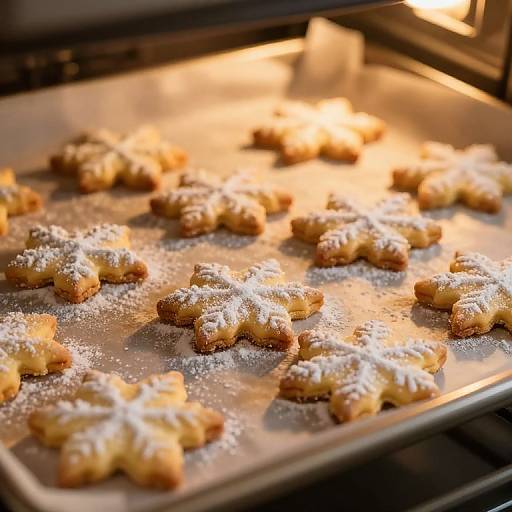 Photograph of golden star-shaped cookies dusted with powdered sugar on a metallic baking tray, illuminated by warm sunlight.